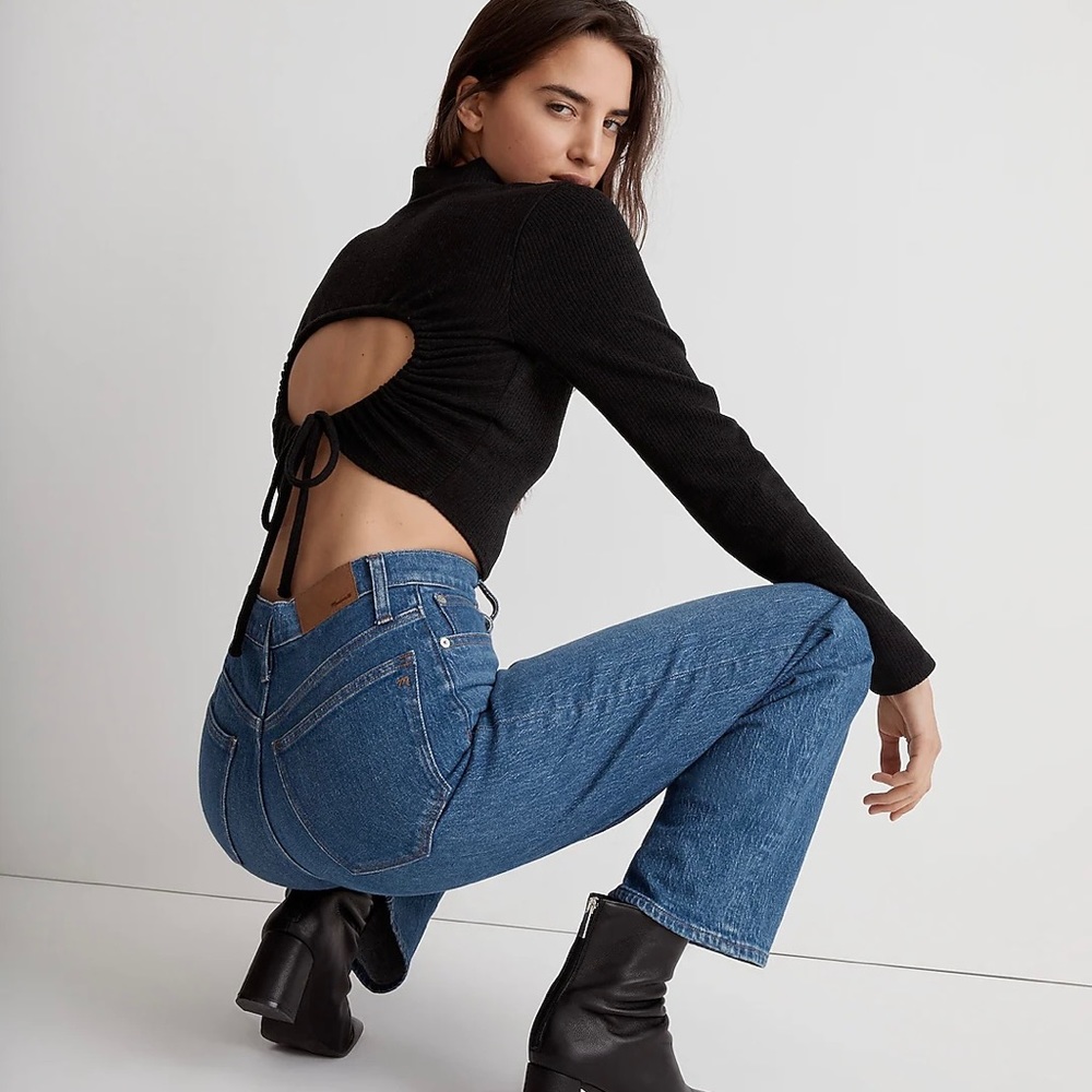 Madewell Ribbed Black Mockneck Open Back Crop Top